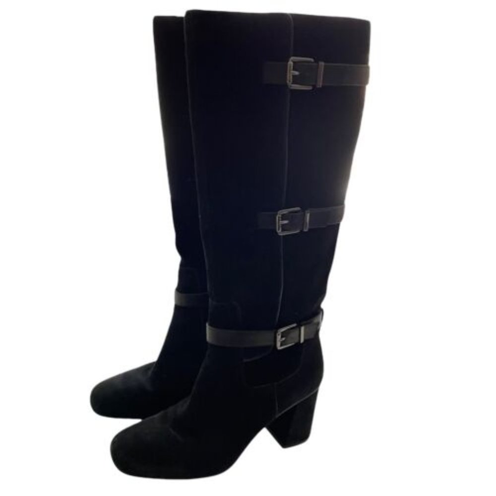 Franco Sarto Womens Knoll Knee-High Boots, Black Suede Buckle straps size 7.5